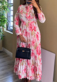 Women Elegant Holiday Print Long-Sleeved Pleated Dress