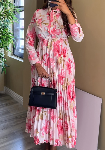 Women Elegant Holiday Print Long-Sleeved Pleated Dress