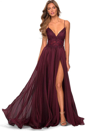 Burgundy Evening Dress V-Neck Strappy Slit Sexy Formal Party Dress（Processing time need 3-6 days）