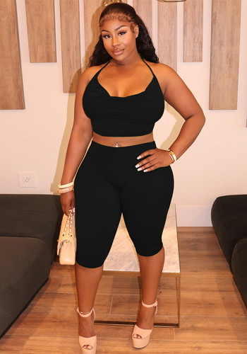 Women Spring/Summer Halter Neck Lace-Up Crop Top and Solid Capri Two-Piece Set