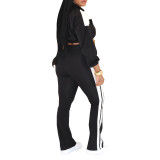 Women Sporty Casual Colorblock Long-Sleeved Zipper Top and Pant Two-Piece Set