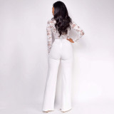 Women Lace Patchwork Long-Sleeved Casual Wide-Leg Jumpsuit