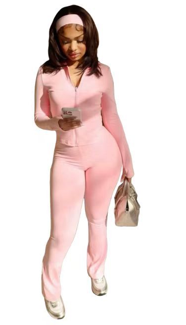 Women's Autumn Winter Stand Collar Zipper Finger Sleeve Top Casual Pants Fashion Headband Three-Piece Set