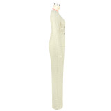 Women Stretchy jacquard pleated V-neck top and wide-leg pants