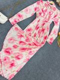 Women Elegant Holiday Print Long-Sleeved Pleated Dress