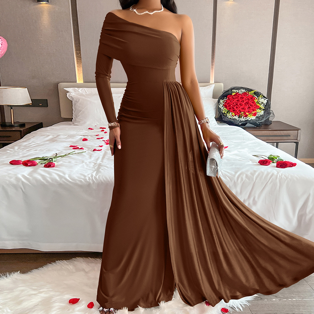 Summer Casual Sexy Women's Solid Color Slash Shoulder Slim Waist Long Dress