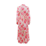 Women Elegant Holiday Print Long-Sleeved Pleated Dress