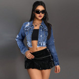 Women Denim Ripped Tassel Top Jacket