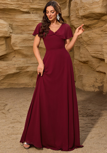 Women Chiffon V-Neck Bow Shawl Zipper Back Evening Dress