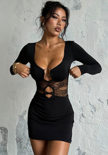 Women Fall/Winter Sexy Cutout Lace Patchwork Long-sleeved dress