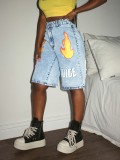 Women Letter Print Cropped Denim Shorts