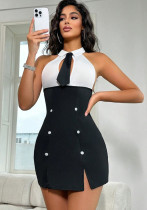 Sexy Lingerie Halter Neck Black & White Patchwork Bodycon Night Dress