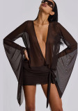 Spring Sexy Deep V See-Through Low Back Lace-Up Solid Mini Dress