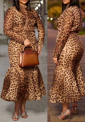 Plus-Size Women Leopard Print Long-Sleeved Top and Fishtail Skirt Two-Piece Set