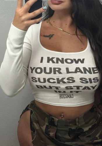 Women Fall English Letter Print Long-Sleeved Crop T-Shirt Top
