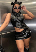 Women Summer Black Pu-Leather Stand Collar Sleeveless Pleated Irregular Top and Bodycon Skirt Two-Piece Set