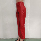 Solid Color Loose Wide-Leg Leather Pants with Back Zipper
