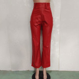 Solid Color Loose Wide-Leg Leather Pants with Back Zipper