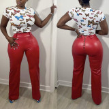 Solid Color Loose Wide-Leg Leather Pants with Back Zipper