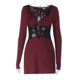 Women Fall/Winter Sexy Cutout Lace Patchwork Long-sleeved dress