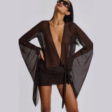 Spring Sexy Deep V See-Through Low Back Lace-Up Solid Mini Dress