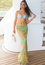 Spring Sexy Contrast Low Back Strappy Patchwork Open Waist Printed Maxi Dress