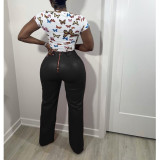 Solid Color Loose Wide-Leg Leather Pants with Back Zipper