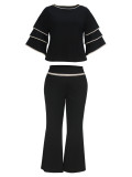 Plus-Size Women Striped Long-Sleeved Round Neck Top and Bell Bottom Pants Two-Piece Set