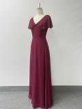 Women Chiffon V-Neck Bow Shawl Zipper Back Evening Dress