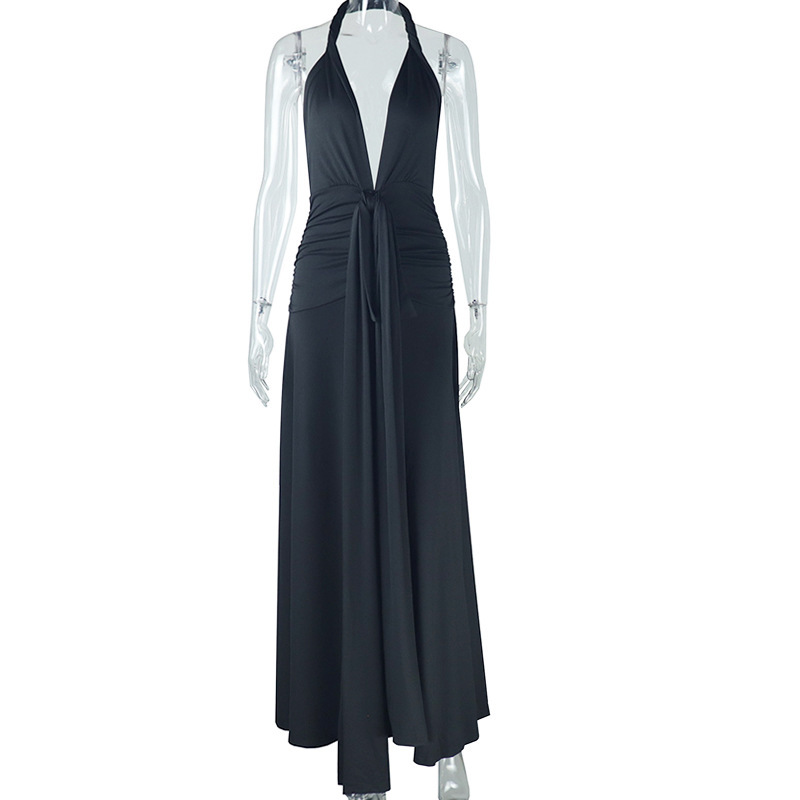 Women's Sexy Deep V-Neck Halter Neck Low Back Lace-Up Slit Ruched Long Dress