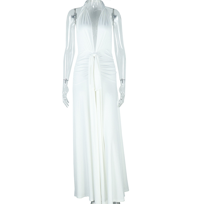 Women's Sexy Deep V-Neck Halter Neck Low Back Lace-Up Slit Ruched Long Dress