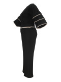 Plus-Size Women Striped Long-Sleeved Round Neck Top and Bell Bottom Pants Two-Piece Set