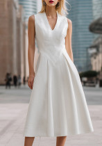 Women Summer Solid White V-Neck Sleeveless Dress
