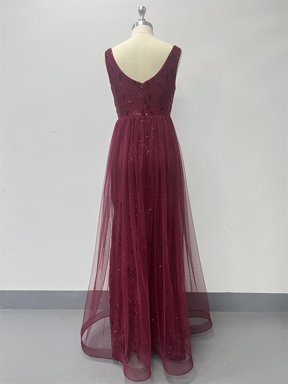 Women Sequined Patchwork Mesh V-Neck Party Dress