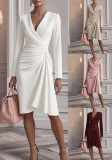 Women fall crossover V-neck solid long-sleeved dress