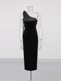 Women Slash Shoulder Dress with Sleeveless Diamonds Dresses