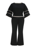 Plus-Size Women Striped Long-Sleeved Round Neck Top and Bell Bottom Pants Two-Piece Set