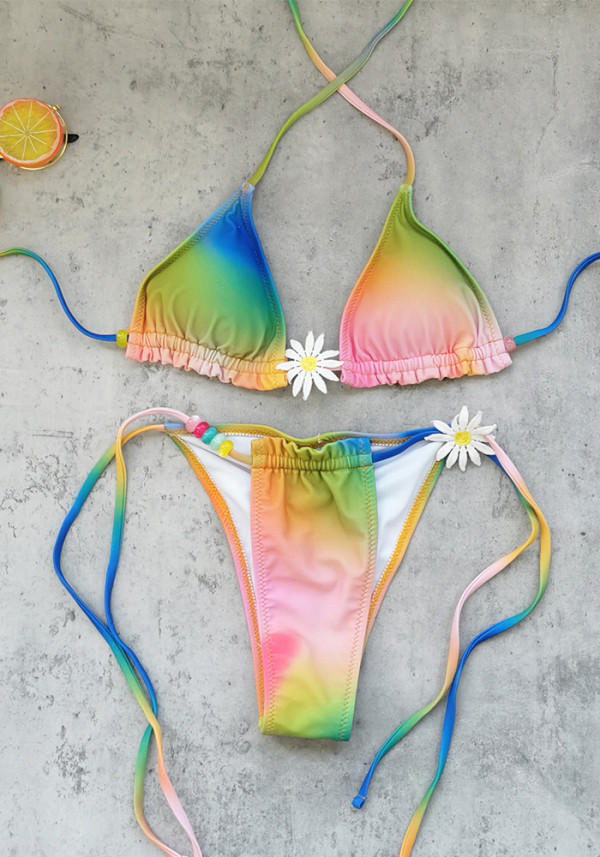 Women Ombre Drawstring Lace-Up Two-Piece Swimsuit