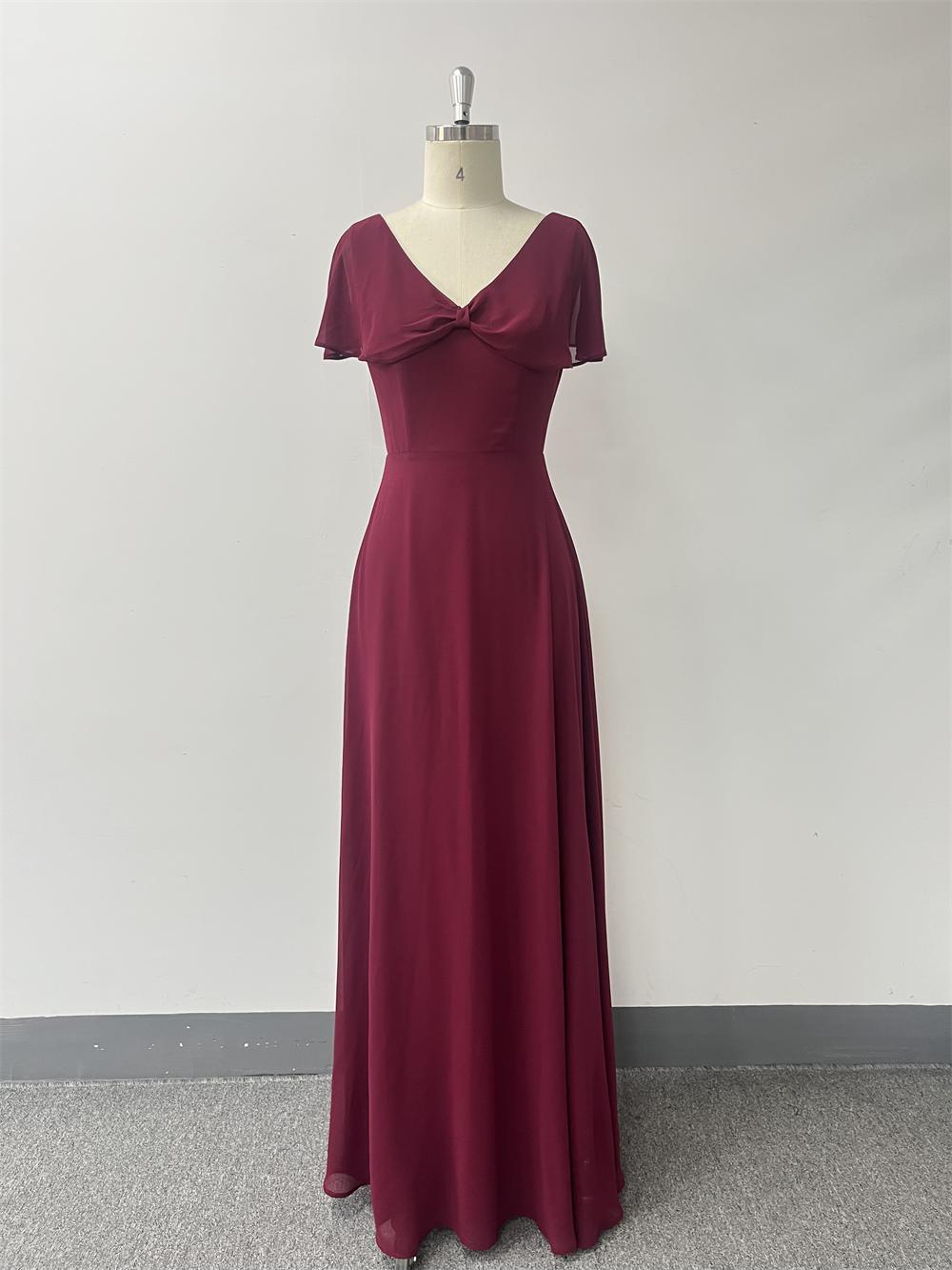 Women Chiffon V-Neck Bow Shawl Zipper Back Evening Dress