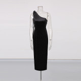 Women Slash Shoulder Dress with Sleeveless Diamonds Dresses