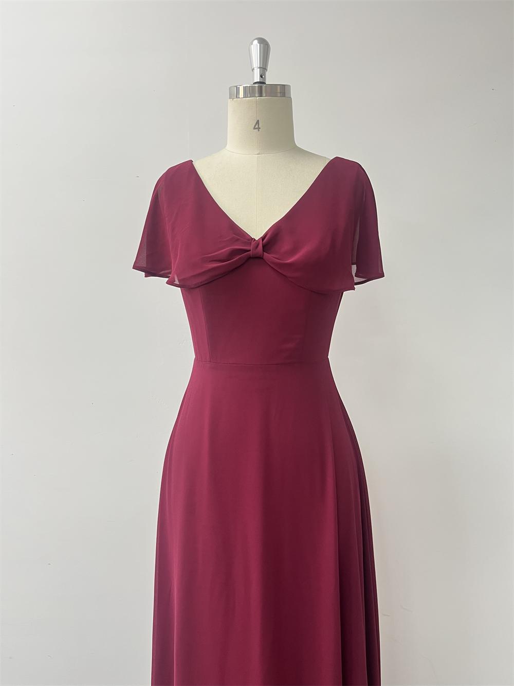 Women Chiffon V-Neck Bow Shawl Zipper Back Evening Dress