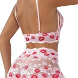 Sexy Lingerie Red Lips Lace Bra Mesh See-Through Fantasy Shorts Set