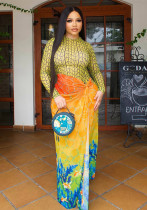 Fashion Patchwork Women's Printed Ruched Round Neck Long Sleeve Slit Dress