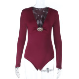 Women metallic sequin patchwork French V-neck bodysuit