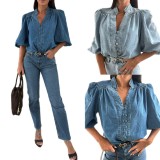 Women Spring/Autumn Casual Lantern Sleeve V-Neck Denim Shirt