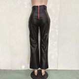 Solid Color Loose Wide-Leg Leather Pants with Back Zipper