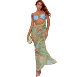 Spring Sexy Contrast Low Back Strappy Patchwork Open Waist Printed Maxi Dress