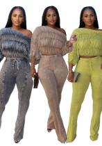 Women's Fashion Wash Distressed Sexy Off-Shoulder Loose Casual Long Sleeve Two Piece Pants Set Women's Fashion Wash Distressed Sexy Off-Shoulder Loose Casual Long Sleeve Two Piece Pants Set