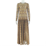 Elegant Women's Slim Waist Semi-Sheer Printed Round Neck Long Sleeve A-Line Dress
