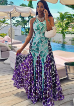 Fashion Printed Women's Patchwork Slim Waist A-Line Casual Chic V-Neck Maxi Dress